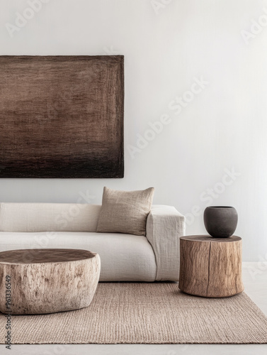 Minimalist Scandinavian living room corner with textiles, wooden furniture and natural lighting. Elegant interior design composition with copyspace