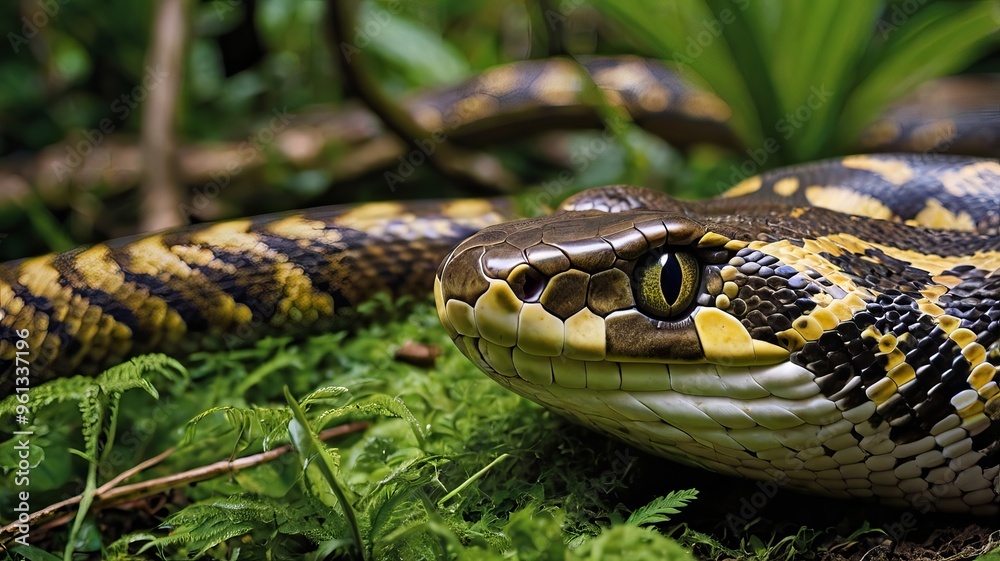 Macro shot of Python in a green land Macro shot of Python in a green land
