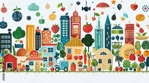 An infographic illustrating the impact of healthy eating on community well-being, with icons representing different food groups and ample copy space for nutritional information