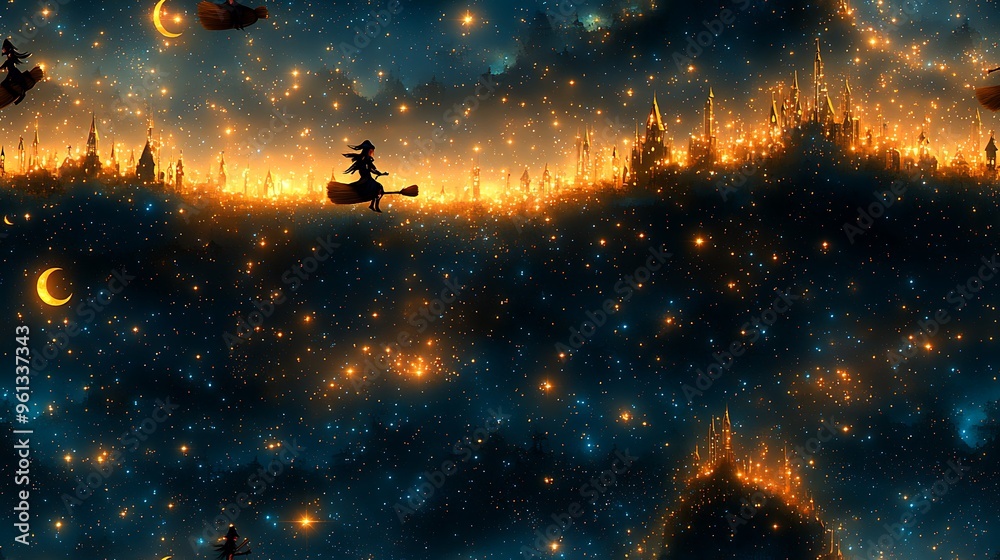 Naklejka premium Cute witches riding broomsticks high above a starry landscape, surrounded by twinkling stars, crescent moons, and magical sparkles, fun and playful vibe with soft lighting, hd quality, natural look.