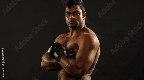 Muscular man with determined expression poses against dark background with smoke swirling around him.