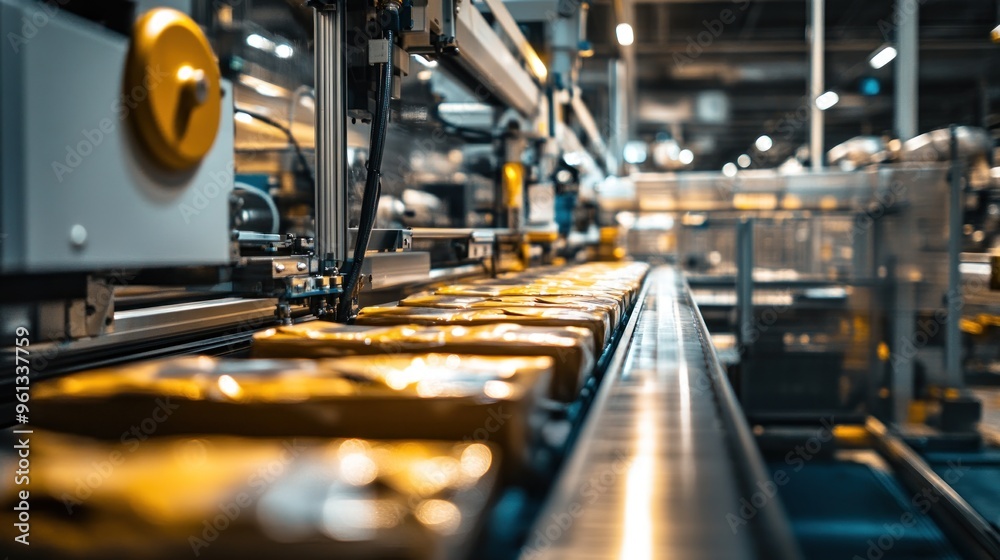 A conveyor belt with packaged goods in an industrial setting. A conveyor belt with packaged goods in an industrial setting.