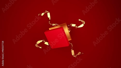 A red gift box with a gold ribbon unties and opens, displaying the contents inside on a solid red backdrop. Perfect for festive or special occasion animations.