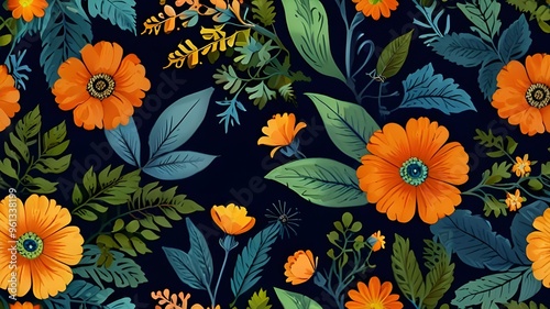 Seamless floral pattern with flowers and leaves pastel yellow, orange, blue and green colors. Vector illustration in vintage style on dark background. Generative AI