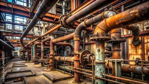Industrial Labyrinth: A network of rusty pipes and valves in an abandoned industrial building, capturing the haunting beauty of forgotten machinery. The image evokes a sense of mystery and industrial 