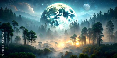 Mystical Forest with Giant Earth Moon: A breathtaking ethereal landscape, where a giant earth moon hangs over a misty forest, creating an otherworldly scene. 