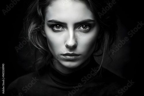 Eyes of Steel, Heart of Shadow: A young woman's intense gaze pierces the darkness, her captivating portrait a study in monochrome beauty and enigmatic emotion.