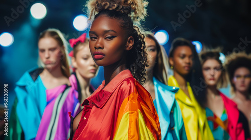 A group of models presents a variety of bright and colorful outfits while walking the runway during a fashion show.