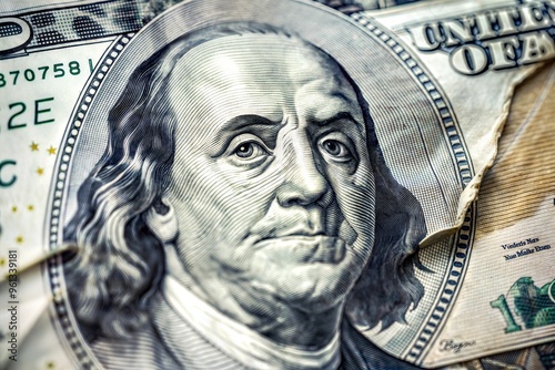 Close-up of benjamin franklin on one hundred dollar bill showing detailed features and textures