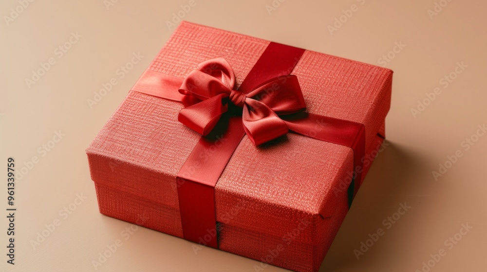 beautifully wrapped red gift box with a matching red bow sits on a rustic white wooden floor. the box's vibrant color and textures, perfect for festive occasions beautifully wrapped red gift box with a matching red bow sits on a rustic white wooden floor. the box's vibrant color and textures, perfect for festive occasions