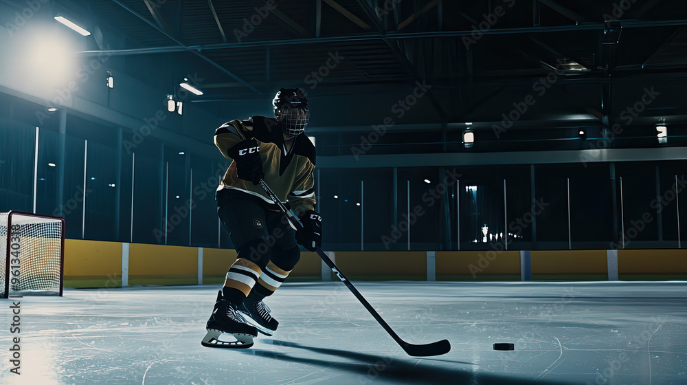 Obraz premium Epic Ice Hockey Player in Action, Intense and Dynamic Hockey Scene background