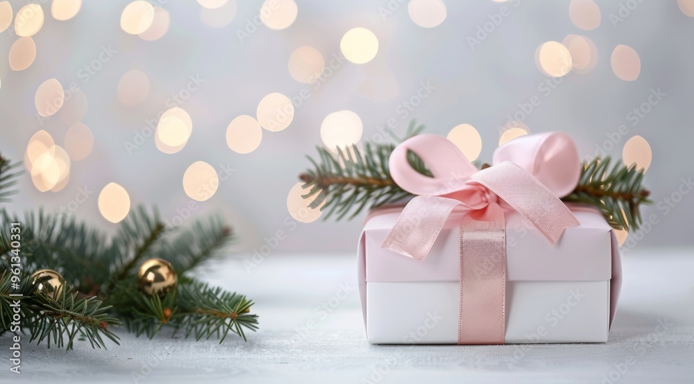 a beautifully wrapped gift box with a pink ribbon, set against a festive backdrop featuring pine branches and twinkling lights a beautifully wrapped gift box with a pink ribbon, set against a festive backdrop featuring pine branches and twinkling lights