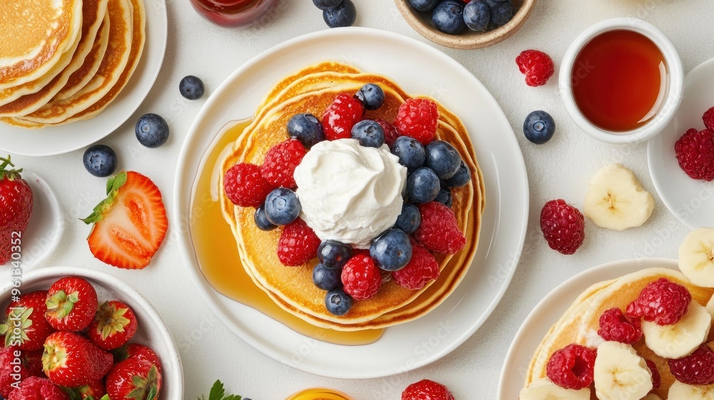 A delicious stack of pancakes topped with berries and whipped cream, surrounded by fresh fruits. A delicious stack of pancakes topped with berries and whipped cream, surrounded by fresh fruits.