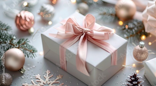 a beautifully wrapped gift box with a pink ribbon, set against a festive backdrop featuring pine branches and twinkling lights