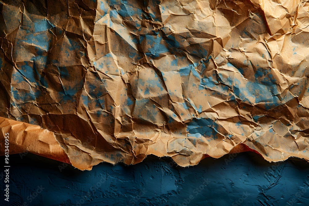 Naklejka premium Crumpled Painted Paper Surface with Blue and Brown Textures for Artistic Backgrounds and Design Projects