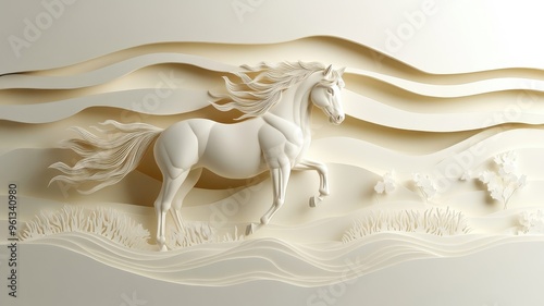 Paper art style, a graceful horse with intricate layers, soft curves, and a minimalist background in a delicate design. photo