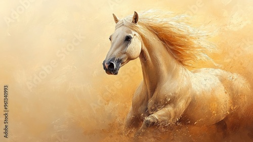 Oil painting style, a majestic horse with flowing mane, rich brushstrokes, and warm tones in a classic portrait.