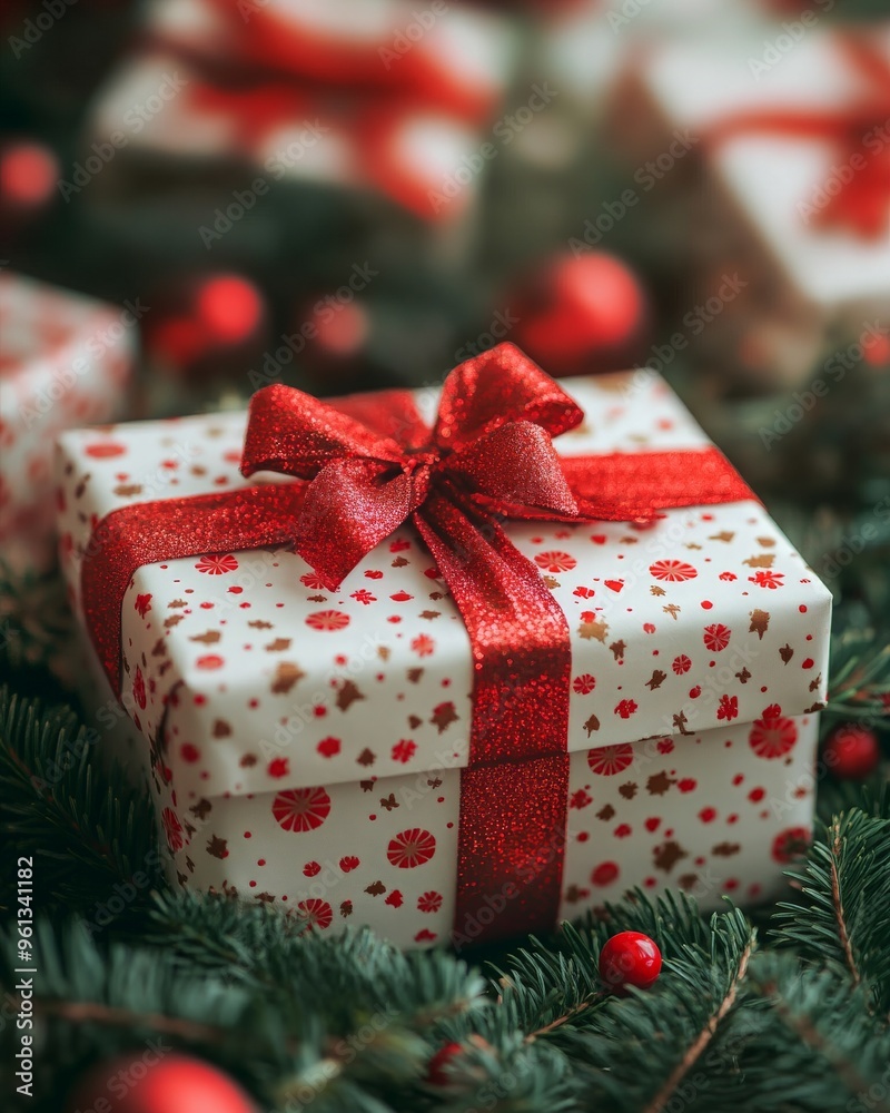 Gift Wrapped with a Red Bow on a Christmas Tree Gift Wrapped with a Red Bow on a Christmas Tree