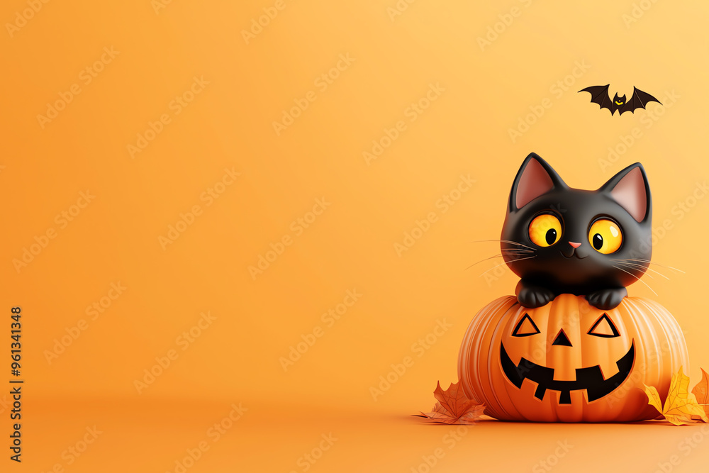 Cute black cat perched on a Halloween pumpkin with a smiling face against a vibrant orange background.