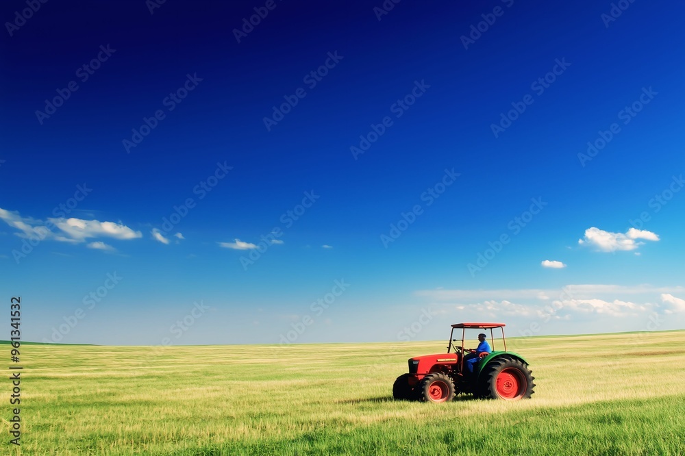 A farmer driving a red tractor through a vast, green field under a clear blue sky, symbolizing agriculture, farming, and rural life. A farmer driving a red tractor through a vast, green field under a clear blue sky, symbolizing agriculture, farming, and rural life.