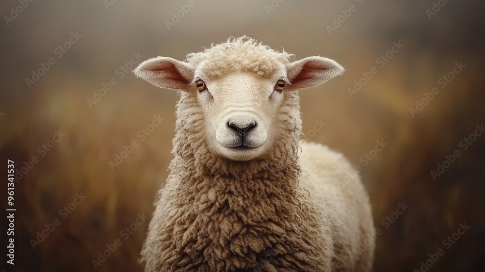 Obraz premium Oil painting style, a sheep in rich, earthy tones with detailed wool texture and a serene expression, set against a pastoral landscape.