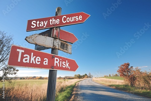 Directional signs reading Stay the Course and Take a Risk on a rural road, symbolizing decision-making and life choices under a clear blue sky.