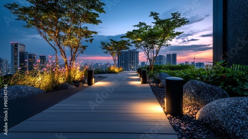 Symmetry in Lighting Design, Analyze how symmetrical lighting fixtures, like evenly spaced lanterns or recessed lights, can create a cohesive and balanced atmosphere in a minimalist rooftop garden photo