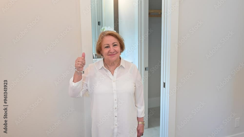 older woman in a white bedroom gives an approving thumbs-up with her luxury amentities older woman in a white bedroom gives an approving thumbs-up with her luxury amentities