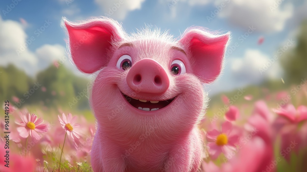 Cartoon art style, a cheerful pig character with exaggerated features, bright pink hues, and a whimsical, playful background.