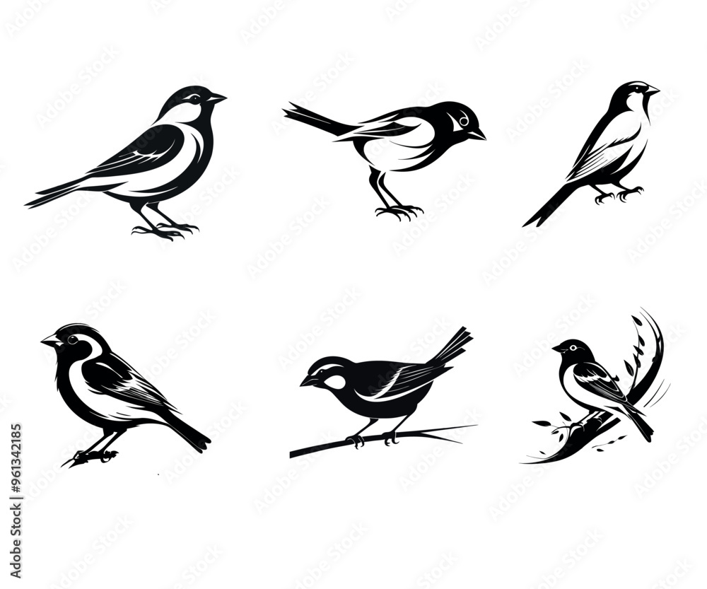 A set of sparrow silhouettes vector art.
