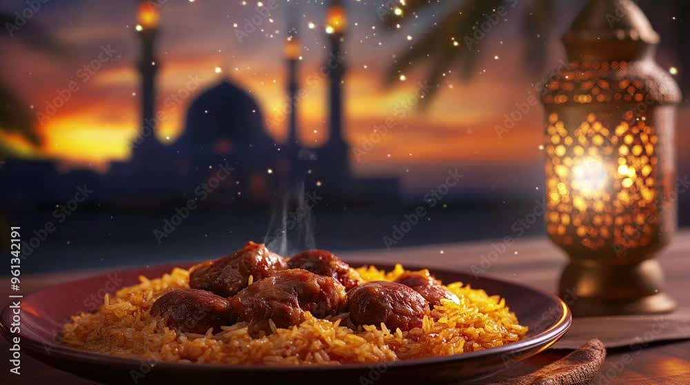 Traditional Arabian food displayed on a table with a grand mosque backdrop, capturing cultural beauty and elegance
seamless looping 4k time-lapse virtual video animation background. generated ai Traditional Arabian food displayed on a table with a grand mosque backdrop, capturing cultural beauty and elegance
seamless looping 4k time-lapse virtual video animation background. generated ai