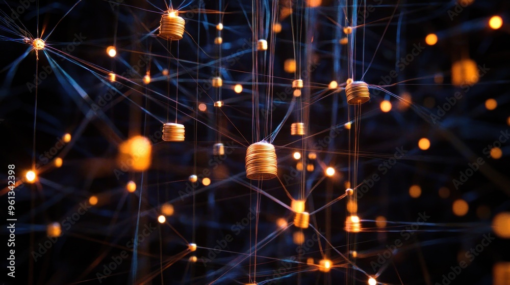 A digital network of interconnected data nodes illuminated by glowing lights. A digital network of interconnected data nodes illuminated by glowing lights.