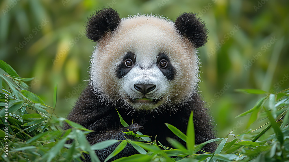 Close-up of a cute panda surrounded by lush green bamboo, showcasing its adorable face and curious expression. Close-up of a cute panda surrounded by lush green bamboo, showcasing its adorable face and curious expression.