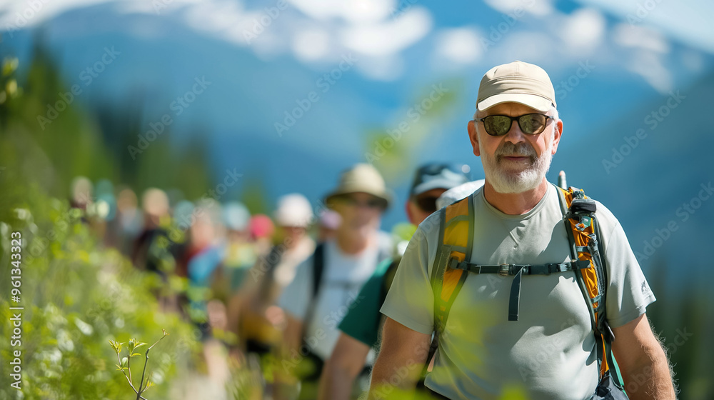 A group of hikers ventures through a vibrant mountain trail, showcasing their love for outdoor adventure. Lush greenery surrounds them under a clear blue sky A group of hikers ventures through a vibrant mountain trail, showcasing their love for outdoor adventure. Lush greenery surrounds them under a clear blue sky