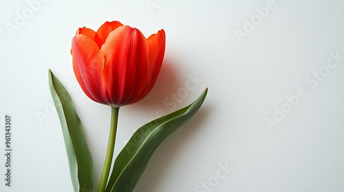 Single red tulip with green leaves on a white background.