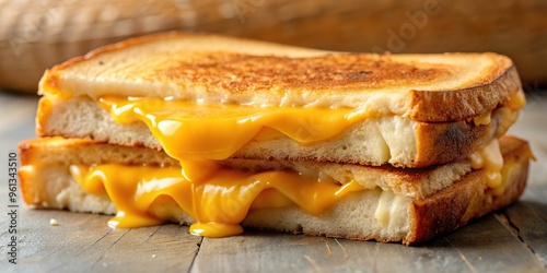 A close-up shot of a juicy, gooey grilled cheese sandwich, with melted cheese oozing out, lit by a soft, natural light and minimalist background. photo