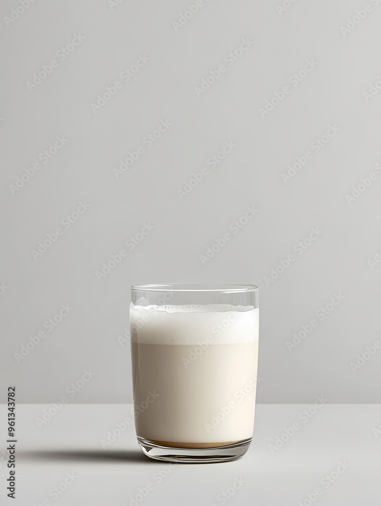A simple photographic representation of a clear glass filled with fresh white milk, positioned against a minimalistic plain grey background, highlighting purity and simplicity. A simple photographic representation of a clear glass filled with fresh white milk, positioned against a minimalistic plain grey background, highlighting purity and simplicity.