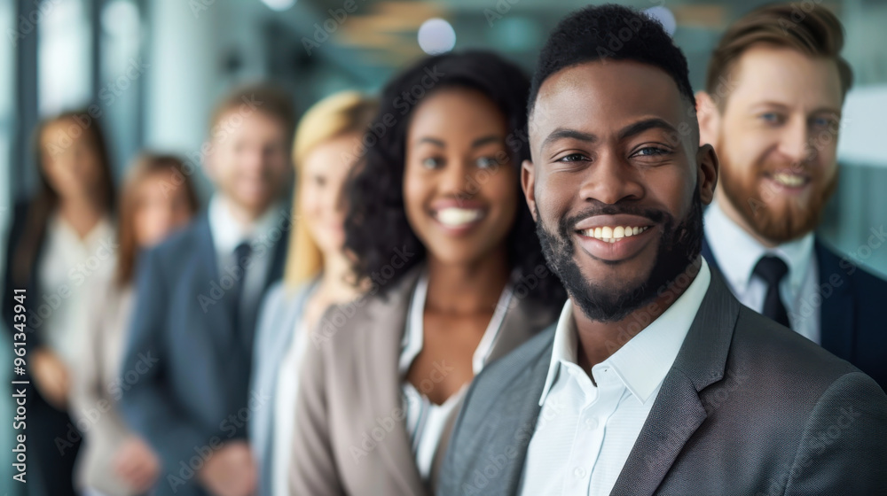 A group of cheerful professionals poses together in business attire, showcasing a mixture of ethnicities and smiles in a contemporary office setup. A group of cheerful professionals poses together in business attire, showcasing a mixture of ethnicities and smiles in a contemporary office setup.