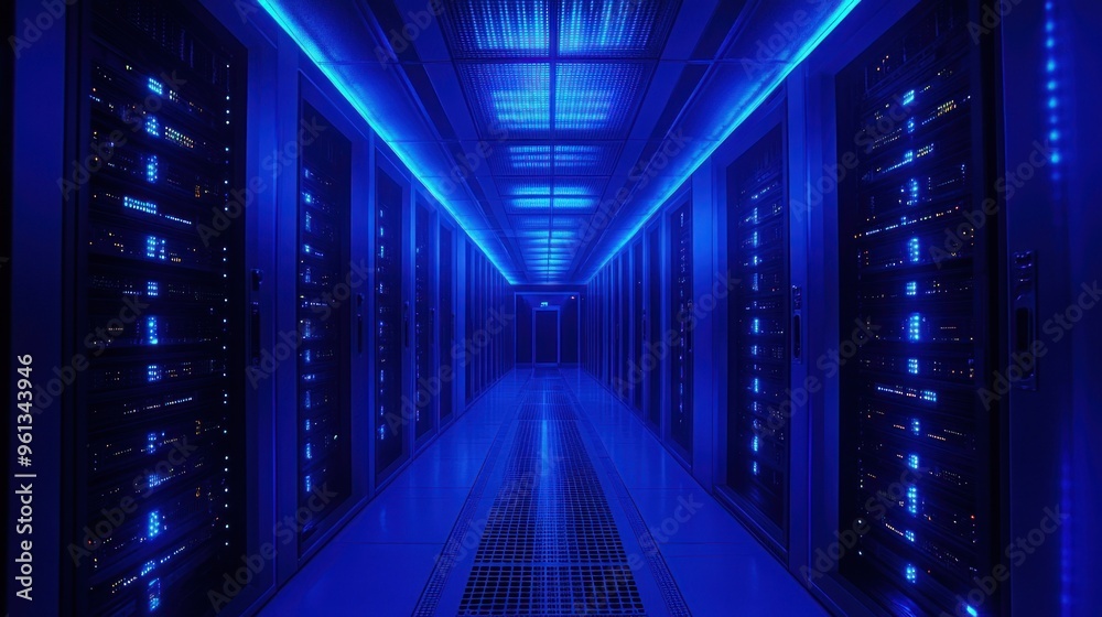 A dimly lit corridor in a data center with blue lighting and server ...