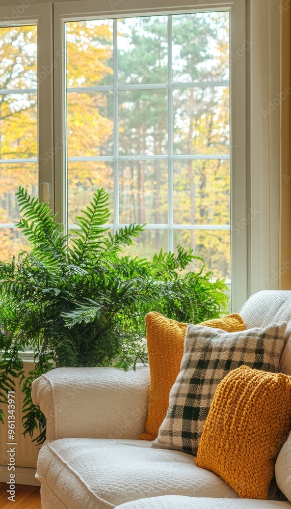 Cozy Autumn Window Seat with Lush Fern, Yellow Cushions, and Plaid Pillow Offering Relaxation