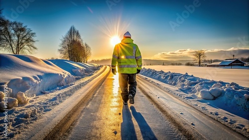 Morning sun casts long shadows on a snow-covered road as a worker in reflective gear trudges through the snow with a determined expression.