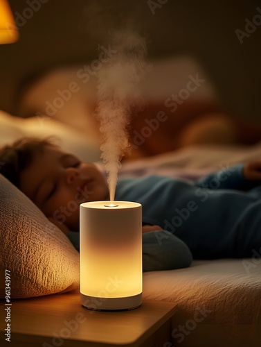 Cozy Bedroom with Aroma Diffuser and Sleeping Baby