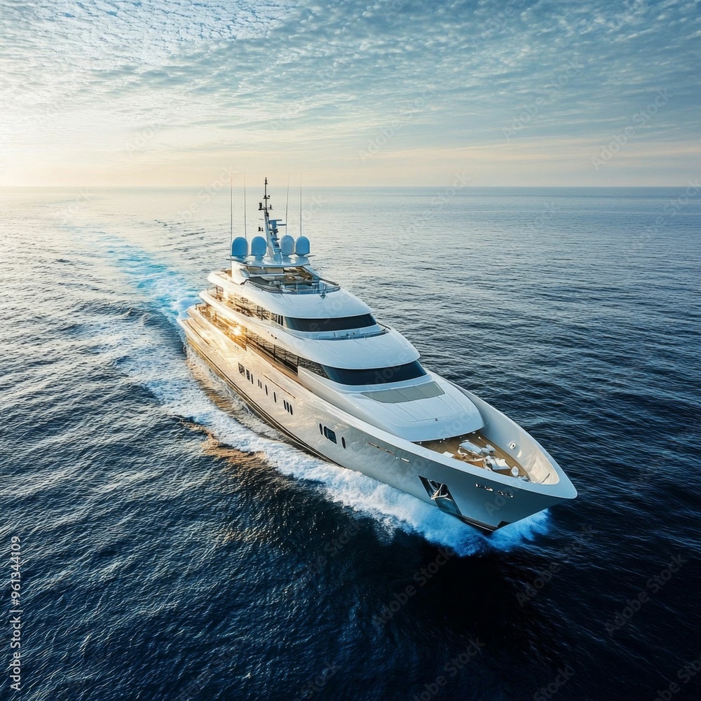 Fototapeta premium Luxury Yacht at Sunset: A sleek, white yacht cuts through the azure waters, leaving a glistening wake as the sun dips below the horizon, creating a breathtaking scene of opulence and freedom. 