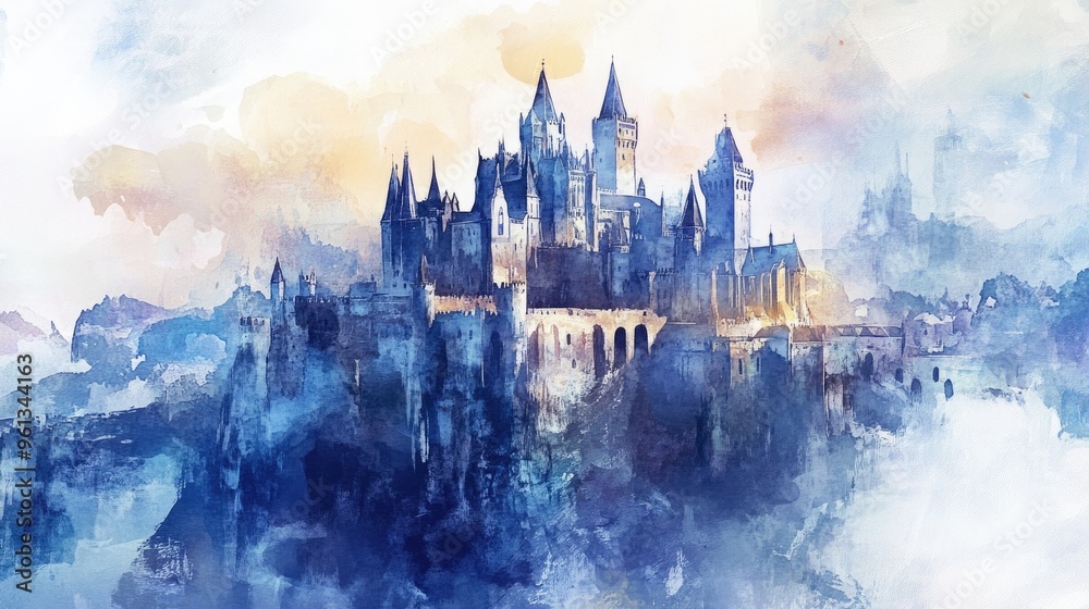 Fototapeta premium Enchanting Watercolor Castle: A Dreamy Architectural Landscape