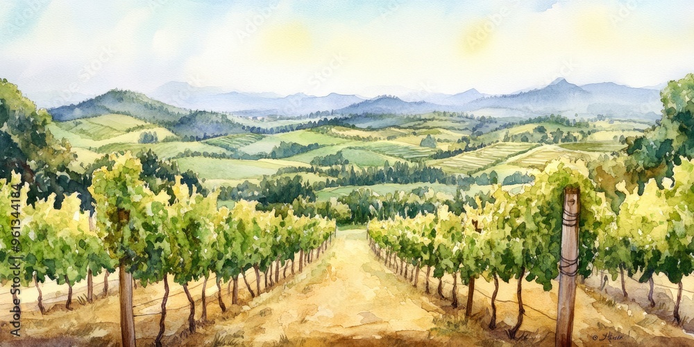 Naklejka premium Breathtaking Vineyard Landscape in Watercolor: A Serene View of Rolling Hills and Lush Grape Vines