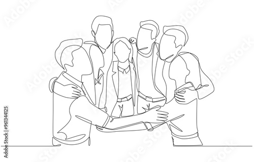 Continuous one line drawing of group of young employees hugging each other happily, teamwork and collaboration concept, single line art.