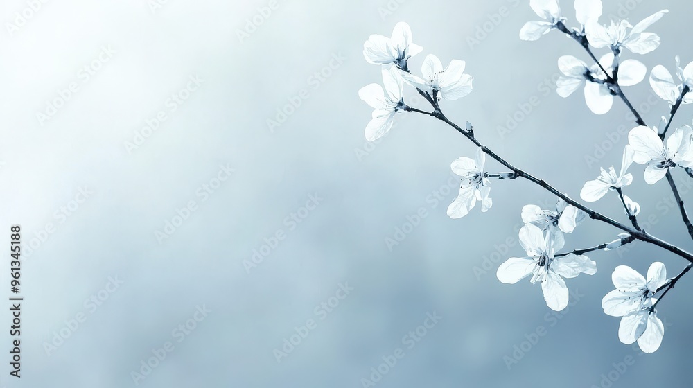 Delicate White Blossoms on a Branch with Soft Blue Background Delicate White Blossoms on a Branch with Soft Blue Background