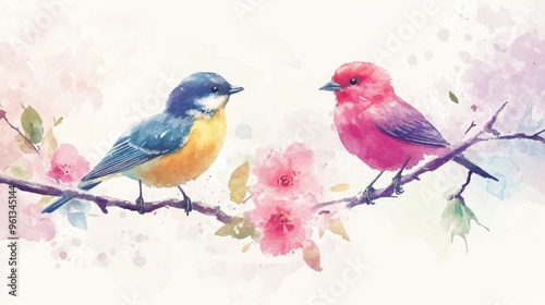 Charming Watercolor Birds Amidst Blossoming Flowers