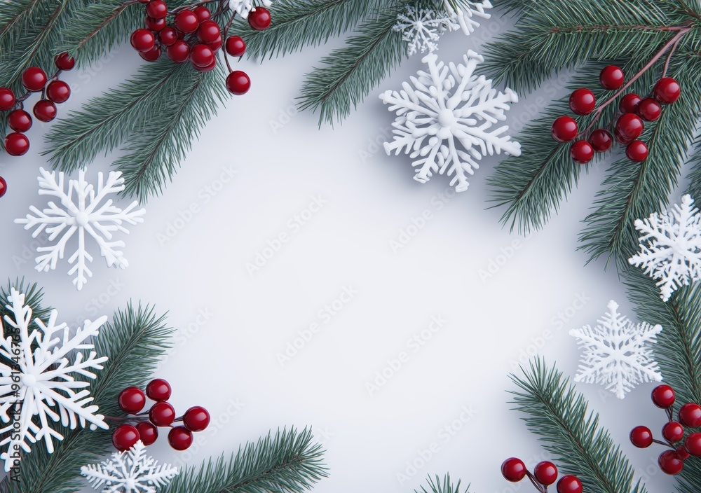 Isolated white background with fir tree border and holly