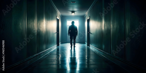 Solitary Walk in a Dark Hallway: A lone figure walks away from the viewer, bathed in a single, bright light at the end of a long, dark hallway. The image evokes a sense of mystery and isolation. 